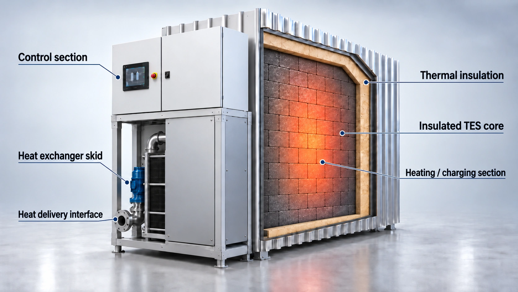 Cutaway view of the ThermoReserve modular thermal energy storage platform showing the insulated brick storage core, heat exchanger skid, charging section and control system.