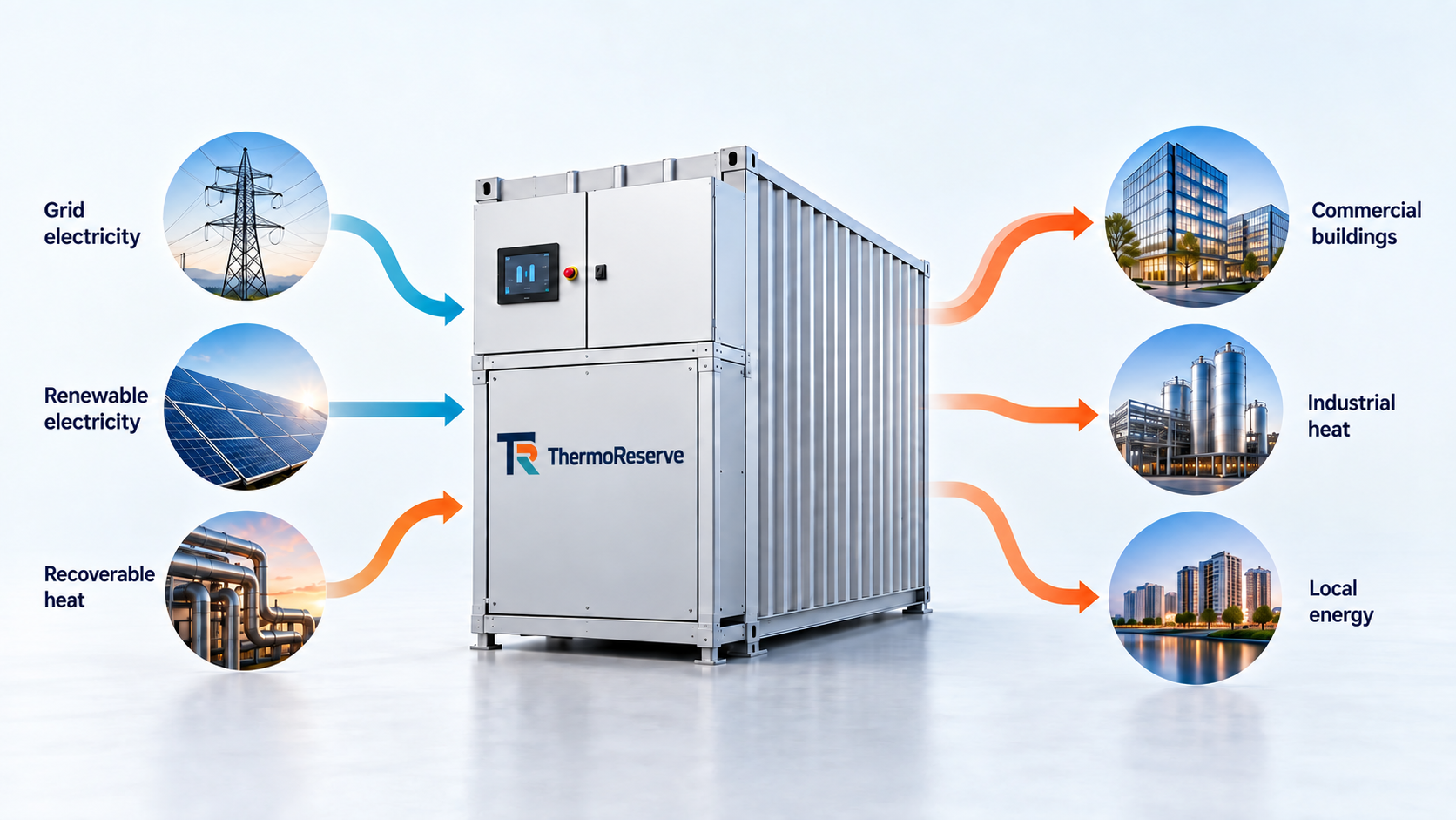 ThermoReserve thermal energy storage connecting grid electricity, renewable electricity and recoverable heat with commercial buildings, industrial heat and local energy systems.